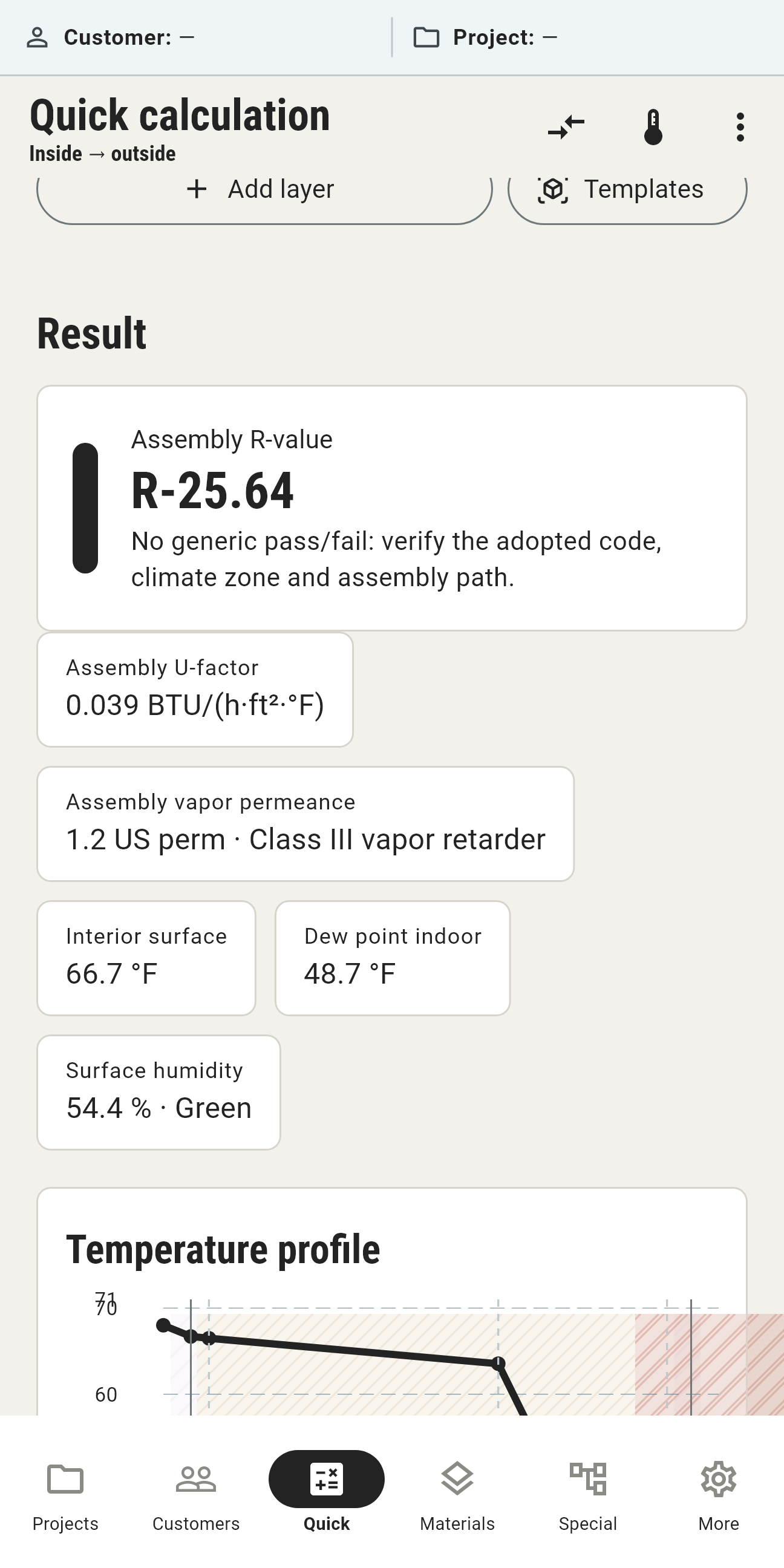 U-CalQ calculation result: R-value 25.6 and temperature profile
